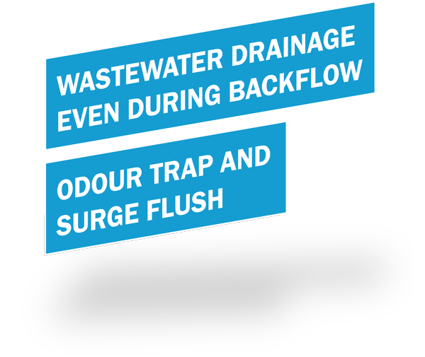 Wastewater drainage even during backflow, Odour trap and surge flush