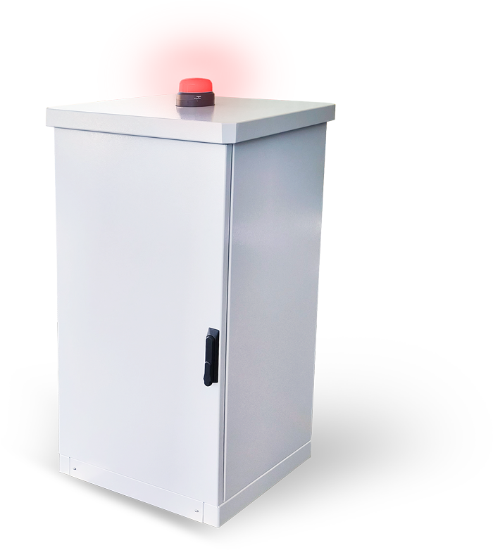 mwstop-bypass-schaltkasten-geschlossen-alarm Closed outdoor electronic control box for the MwStop® Bypass with an active alarm light/ indicator